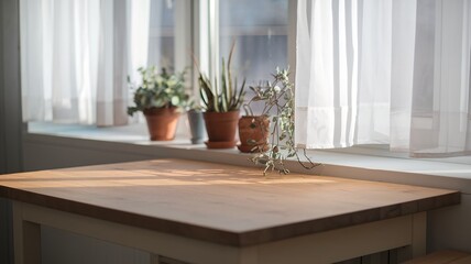 Wood kitchen tabletop on window background with white curtain. Empty countertop mockup for home illustration.