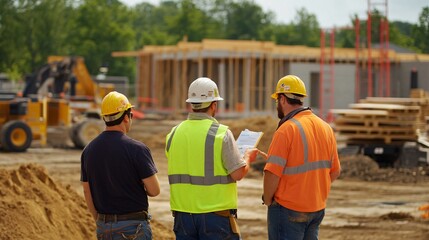 Team of construction workers discussing project plans at a busy building site, copy space &mdash;ar 16:9"
