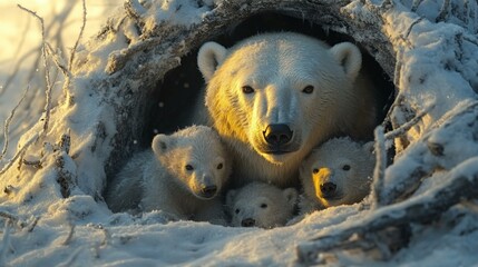 an A polar bear mother with her cubs huddling together in a snowy Arctic den.