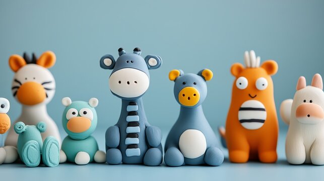 A delightful array of handcrafted polymer clay abstract animals showcases vivid colors and playful designs. Colorful clay handmade animals on a blue background.