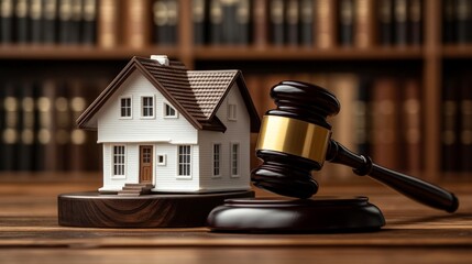 Model house and court gavel representing real estate legal issues
