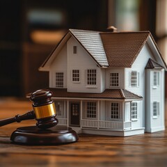 Model house and court gavel representing real estate legal issues