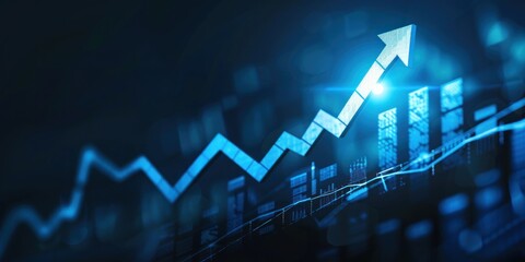 Blue upward trend arrow with digital graph background. Financial success concept for stock market or business growth.