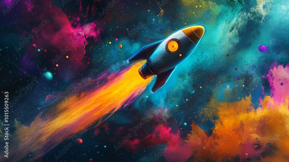 Poster a cartoon-style rocket flies through a colorful nebula. the rocket is blue with a yellow tip and a l