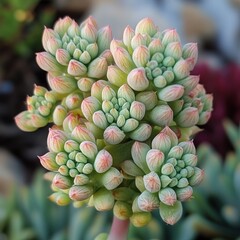 Fototapeta premium Vibrant Sedum Cluster, lush green fleshy leaves forming a dense, colorful arrangement, thriving in a sunlit garden setting