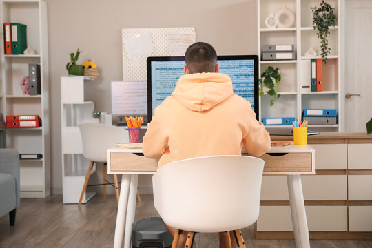 Male programmer working with computer at desk in office, back view