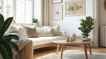 A spacious living room with a white couch, a coffee table, and a large window. The couch is covered with throw pillows and a blanket