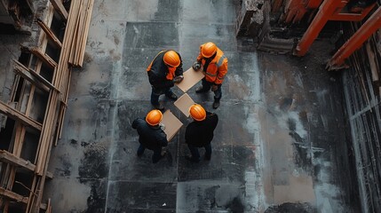 Team of construction workers discussing project plans at a busy building site, copy space