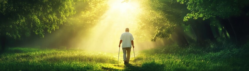 Dowsing Rods in a Sacred Grove A Man's Spiritual Connection to Nature Discover the ancient art of dowsing as a man walks through a forest of towering trees, bathed in the golden light of the sun