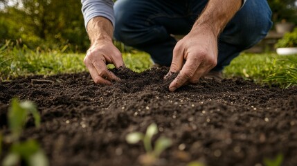Man planting grass seeds in garden soil for sustainable landscaping promoting eco-friendly practices and healthy lawn care for vibrant growth