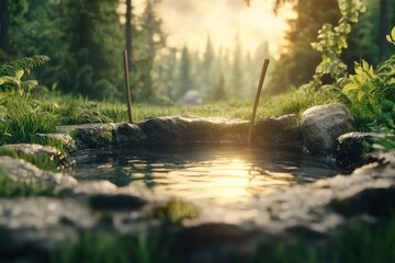 Fototapeta premium Dowsing Rods Pointing to a Hidden Spring Deep in the Forest, Water Divination, Nature, Outdoors, Dowsing, Rods, Divining