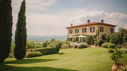 Obraz premium Elegant Tuscan Wedding Venue Amidst Lush Fields Capturing Timeless Love Stories in Fine Art Photography for Destination Weddings in Italy