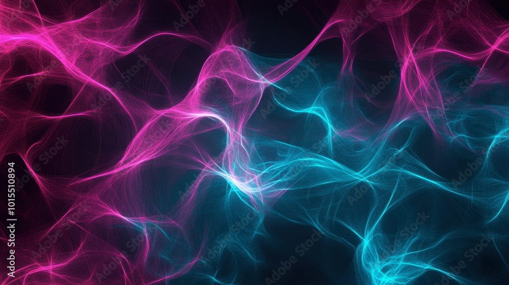 Poster a pattern of glowing lines in cyan and magenta, forming a dynamic, abstract design on a black backgr