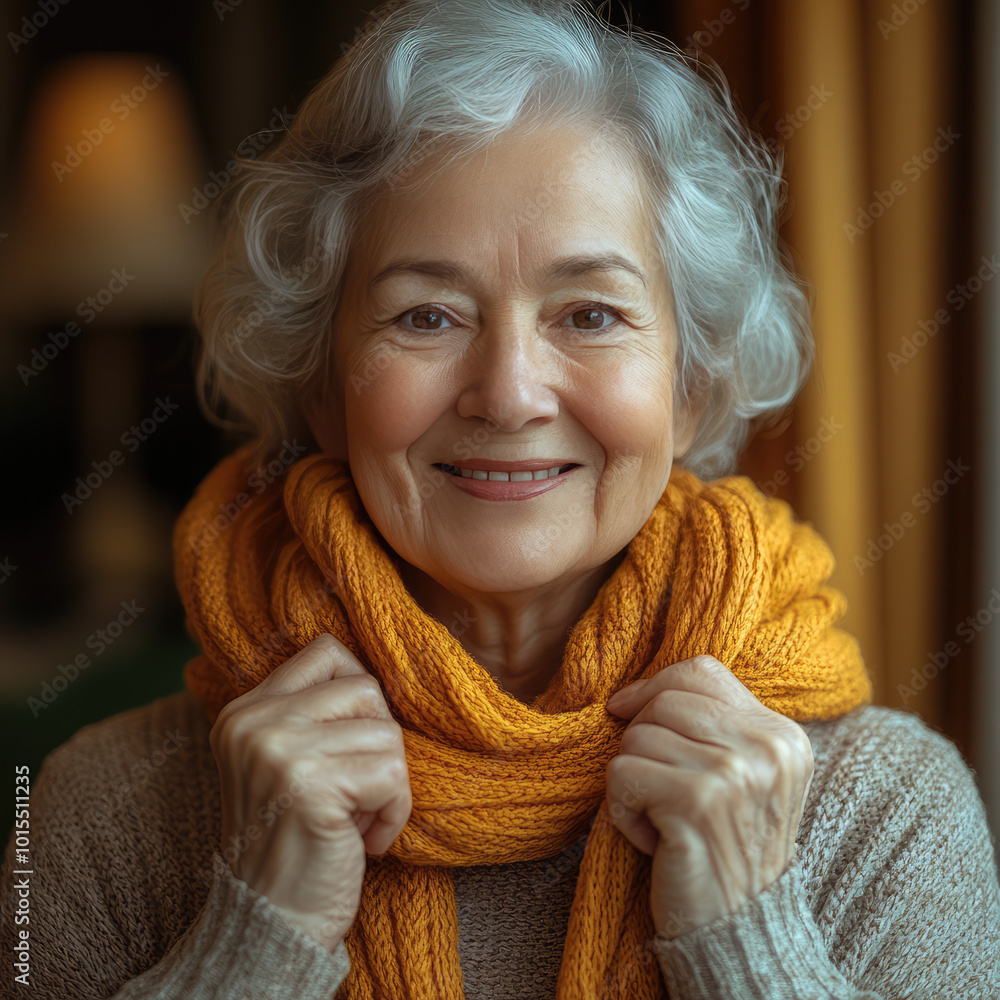 Wall mural beautiful lively retired older silver hair lady is is smiling in fall color cloth in her home