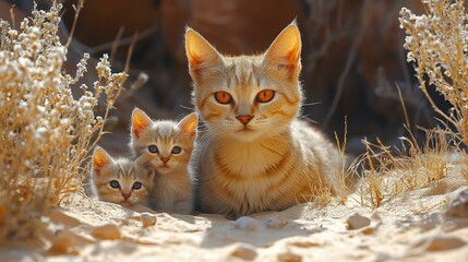 the A mother sand cat with her kittens hidden among the dunes of a desert.