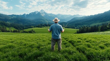 Man in Serene Meadow Aligns with Earth's Energy Using Dowsing Rods, Spiritual Connection with Nature