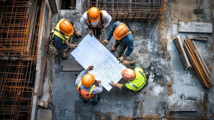 Team of construction workers discussing project plans at a busy building site, copy space