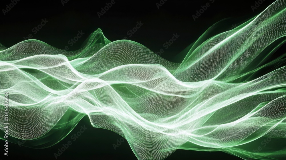 Poster a series of glowing lines in green and white, forming an abstract, flowing pattern that resembles a 