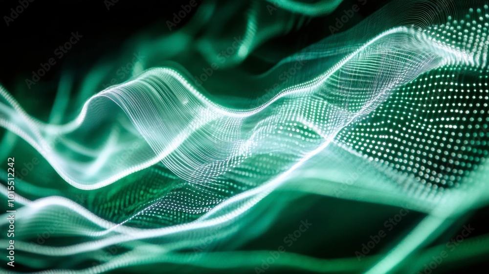 Poster a series of glowing lines in green and white, forming an abstract, flowing pattern that resembles a 