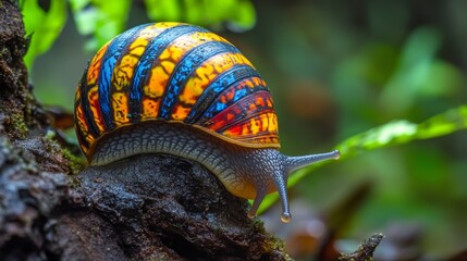 A vibrant colored tree snail foraging in the lush forests of Sumbawa Indonesia highlighting biodiversity and nature's beauty in a serene habitat