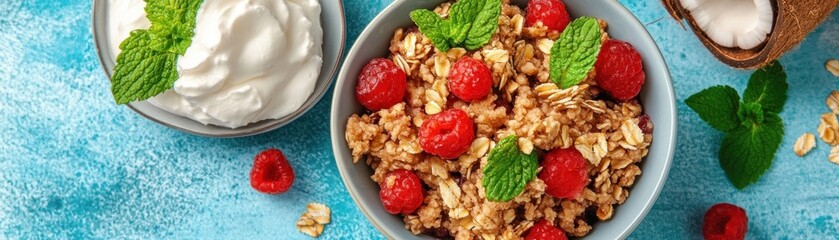 Fototapeta premium Vegan Blackcurrant Crumble Recipe Easy, Homemade Delicious with Sweet Crunchy Oat Topping and Coconut Whipped Cream