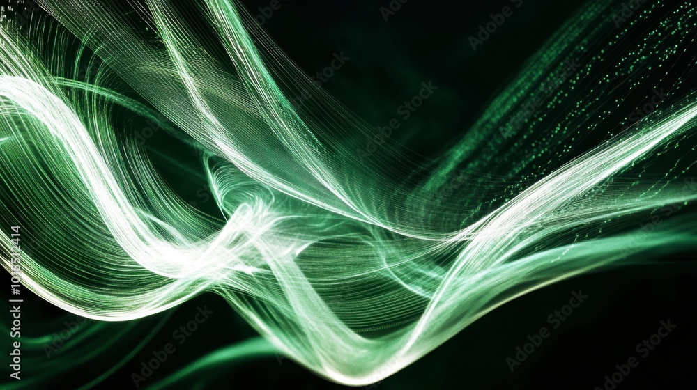 Poster a series of glowing lines in green and white, forming an abstract, flowing pattern that resembles a 