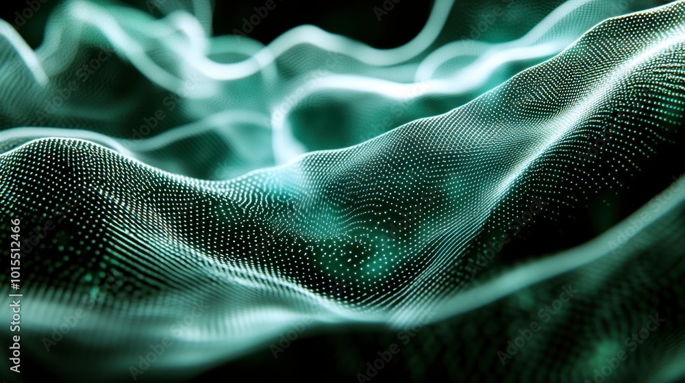 Poster a series of glowing lines in green and white, forming an abstract, flowing pattern that resembles a 