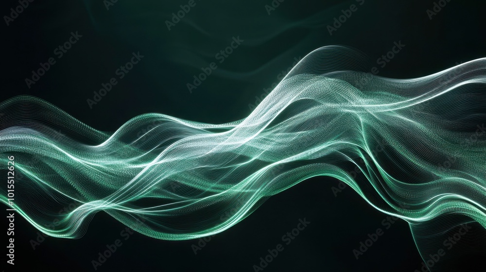 Poster a series of glowing lines in green and white, forming an abstract, flowing pattern that resembles a 