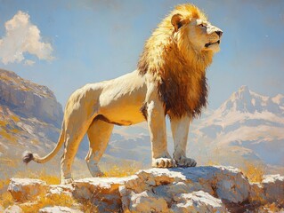 powerful lion in its natural habitat. majestic and fierce, with a golden mane, standing proudly on a rocky outcrop in the warm desert sun, capturing the essence of wilderness and strength