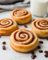 Fototapeta premium Cinnamon Rolls with Coffee Beans and Milk