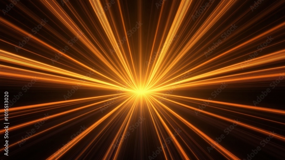 Poster a series of glowing lines in yellow and orange, forming an abstract sunburst pattern on a deep black