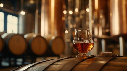 Rich amber bourbon is elegantly placed on an aged oak barrel amidst the rustic charm of a traditional distillery, illuminated softly for inviting warmth