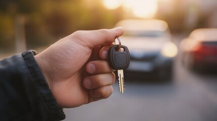 Close-up of male hand holding car key with car in palm background symbolizing ownership travel automotive passion and freedom on open roads