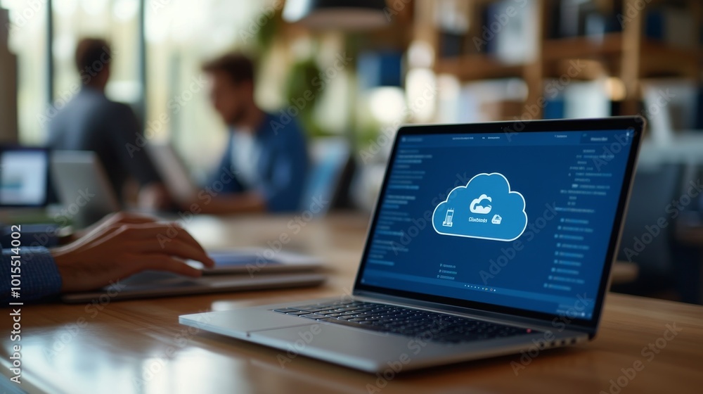 Poster a sleek laptop showcases a cloud computing interface with animated data transfer icons. user's hands