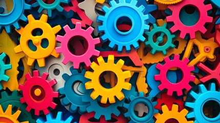 Overhead view of vibrant interlocking gears symbolizing teamwork innovation and efficient business processes in a modern corporate environment