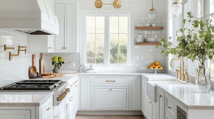 The image shows a white kitchen with gold accents. The kitchen has white cabinets, white countertops, and a white sink. There are gold cabinet handles and a gold faucet