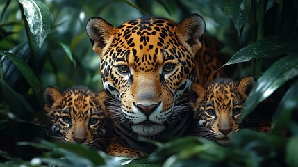 the A mother jaguar and her cubs resting in the dense foliage of the Amazon rainforest.