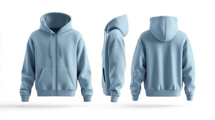 Light blue zip-up hoodie mockup. Zipper hoodie. Front and back hoodie template