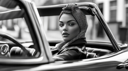 the beautiful model is dressing up and drive the  retro italian vintage convertible car with style 