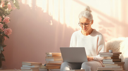 senior older retired woman grandmother working on laptop writing and working on her book