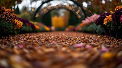 A tranquil garden path is blanketed with colorful autumn leaves, flanked by small pumpkins and blooming mums, leading towards a charming garden archway