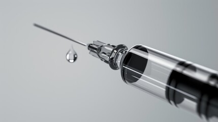 Close-up of a syringe needle with a single drop of liquid, set against a plain background. This image is ideal for healthcare-related topics such as vaccinations, medical treatments, and precision in