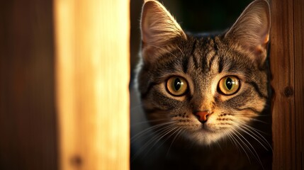 Cat Peeking Through Door Gap with Soft Expression