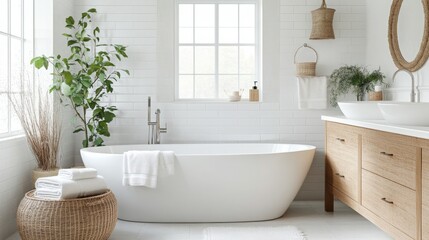 A modern bathroom showcases a freestanding tub surrounded by lush greenery and minimalist furnishings