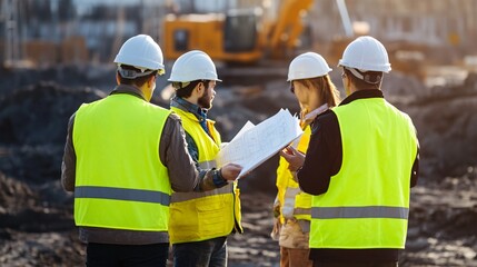 Team of construction workers discussing project plans at a busy building site, copy space
