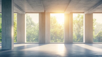 Fototapeta premium Serene Modern Architecture: Radiant Leaning Concrete Beams and Expansive Windows Bathed in Natural Light Invoking Peace and Tranquility