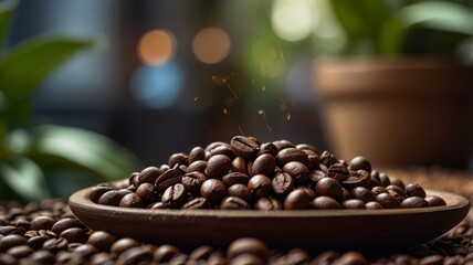Fototapeta premium Close-up of roasted coffee beans with blurred background, full of rich texture and detail