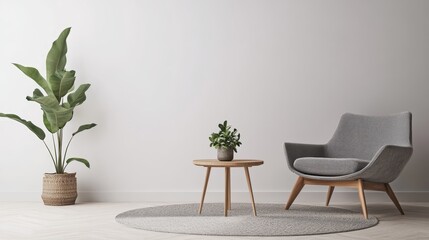 Elegant Modern Living Room with Gray Furniture Armchair Green Plant and Stylish Mock-up Wall for Contemporary Interior Design Inspiration