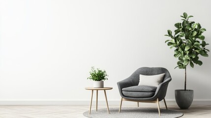 Contemporary Cozy Living Room Design Featuring Stylish Gray Furniture Green Plant Accent and Light-Filled Empty Wall for Modern Interiors