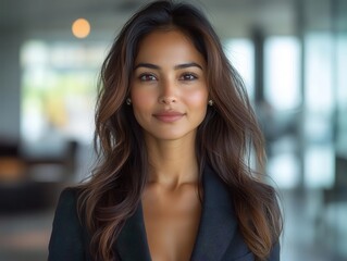 Obraz premium sophisticated portrait of a south asian woman, 45, wearing a sharp suit. she stands confidently in a modern office, with sleek furniture and large windows, conveying professionalism and elegance